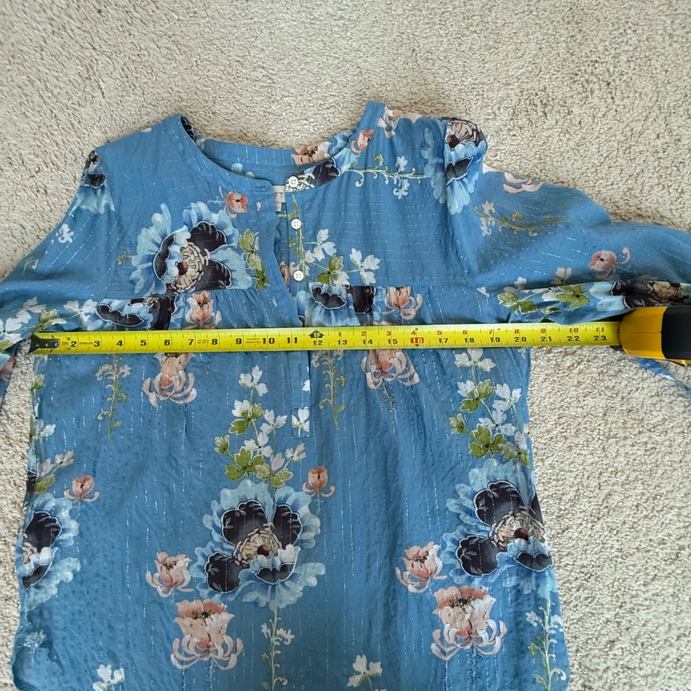 Loft Blue Floral Blouse Lightweight Sheer Boho Tie Sleeve Size L - Picture 5 of 9